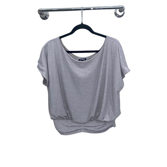 New Express Metallic Silver Short Sleeve Top L - Picture 1 of 9